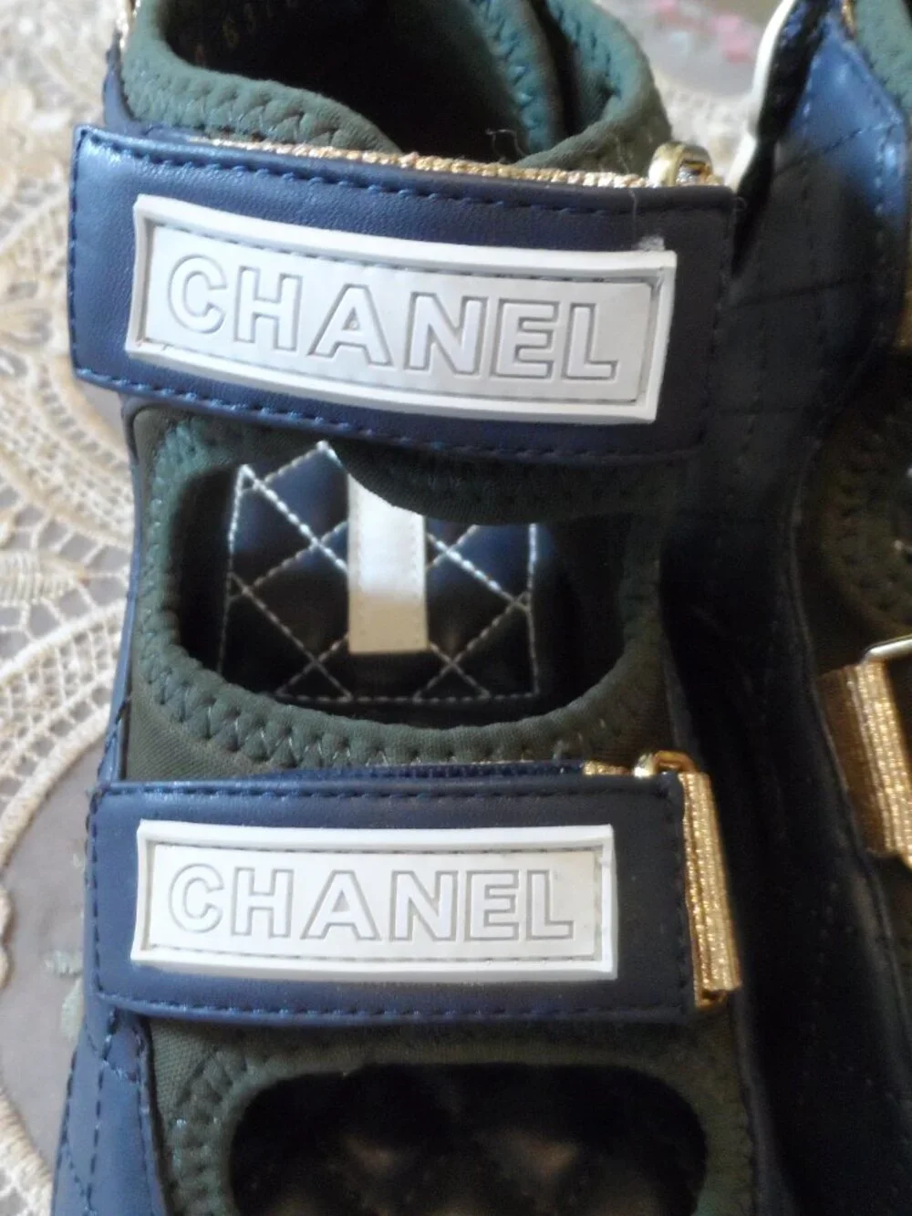 New Chanel Navy Blue & Army Green Gladiator Sandals Size 36C